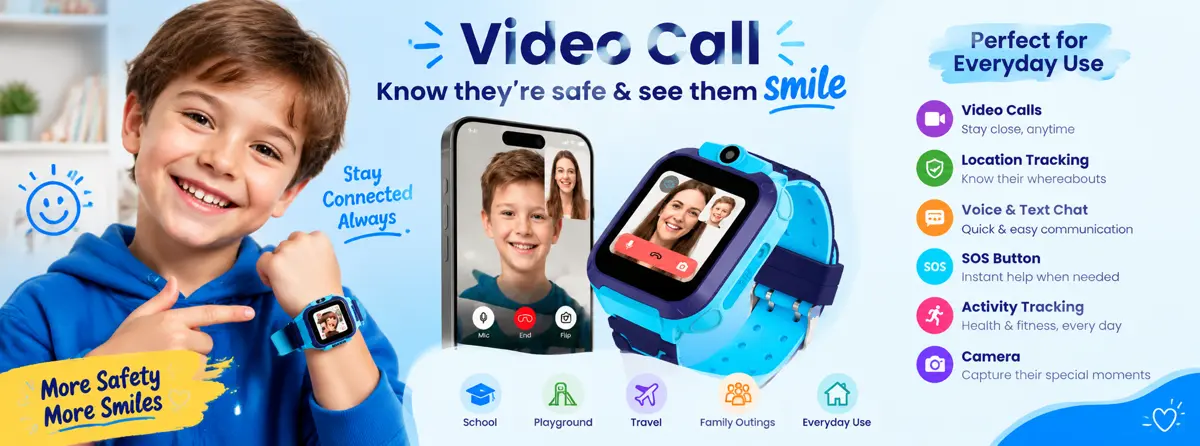 A smiling boy showing his CubbyWatch while video calling his mum, with feature highlights: video calls, location tracking, voice and text chat, SOS button, activity tracking and camera