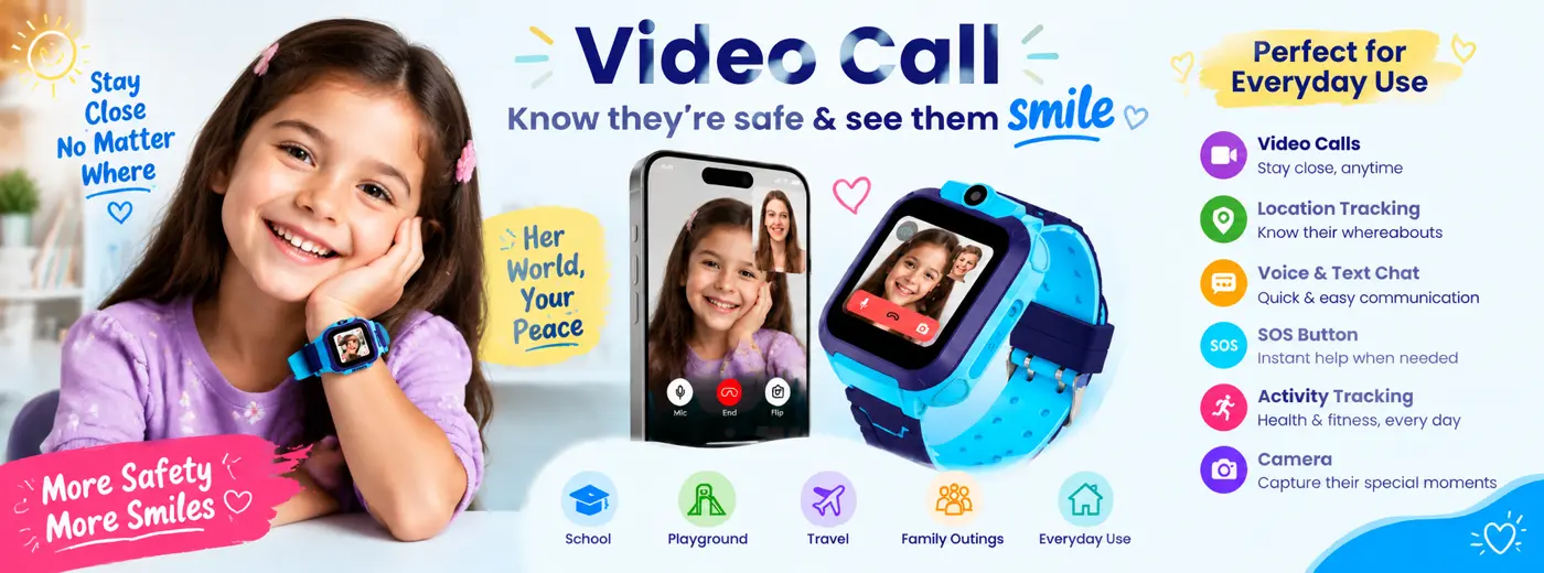 A smiling girl wearing CubbyWatch on a video call, with icons showing it is perfect for school, playground, travel, family outings and everyday use